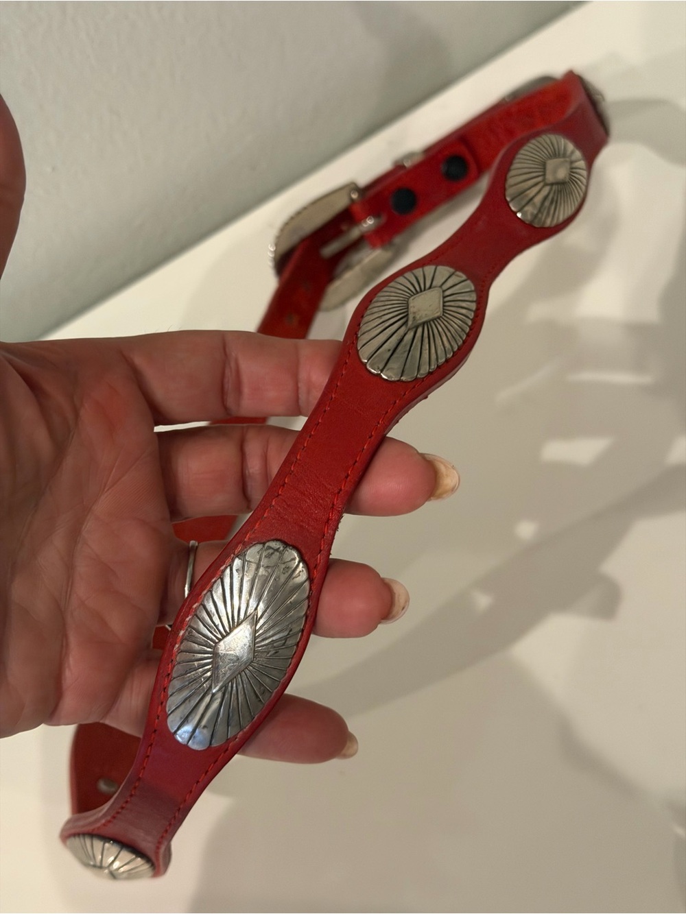 Red Leather Western Belt with Silver tone Conchos size 32 - Picture 9 of 10
